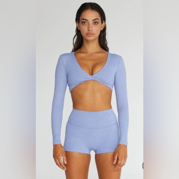 Crop Shop Boutique Pants - CSB Fade Scrunch Shorts 2inch and Sierra Crop (Long Sleeve) , fade blue (SET)